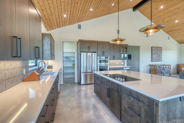 Interior, Kitchen, Pendant Lights, Recessed Lighting, Stainless Steel Appliances, Wooden Ceilings