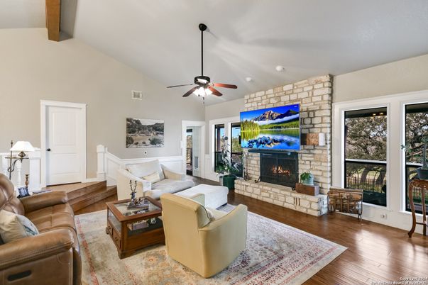 Fireplace, Interior, Living room, Stone Walls, Wooden Beams, Wood Texture Flooring