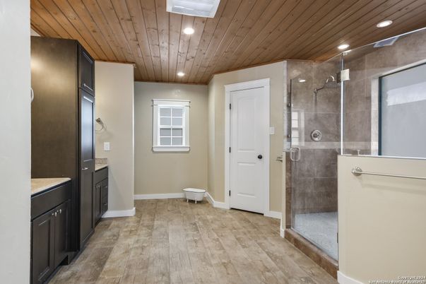 Bathroom, Glass Shower, Interior, Recessed Lighting, Wooden Ceilings
