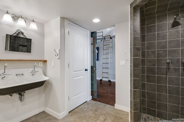 Bathroom, Dual Sink Vanities, Interior, Recessed Lighting, Wood Texture Flooring
