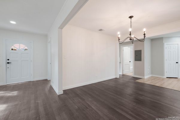 Chandelier, Empty room, Interior, Recessed Lighting, Wood Texture Flooring
