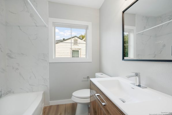 Bathroom, Interior, Marble Walls, Wood Texture Flooring