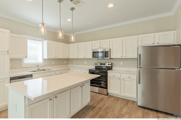 Interior, Kitchen, Pendant Lights, Recessed Lighting, Stainless Steel Appliances, Wood Texture Flooring