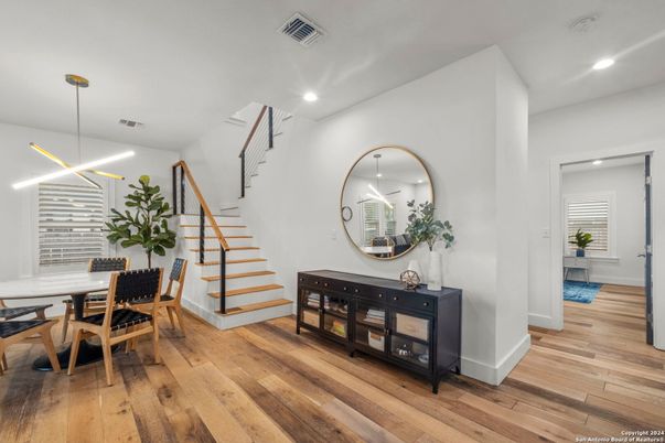 Dining room, Interior, Pendant Lights, Recessed Lighting, Wood Texture Flooring