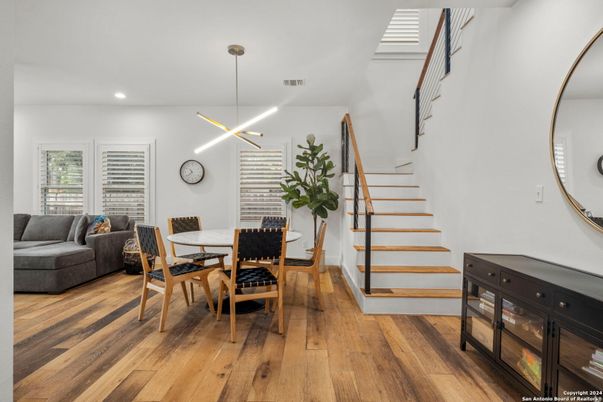 Dining room, Interior, Pendant Lights, Recessed Lighting, Wood Texture Flooring