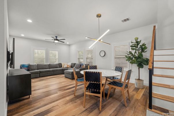 Dining room, Interior, Living room, Pendant Lights, Recessed Lighting, Wood Texture Flooring