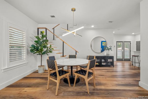 Dining room, Interior, Pendant Lights, Recessed Lighting, Wood Texture Flooring