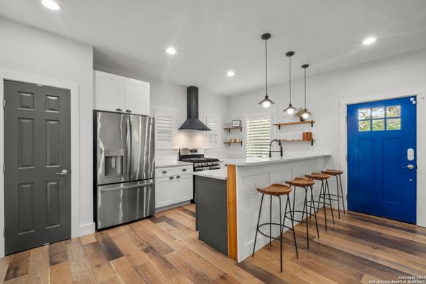 Interior, Kitchen, Pendant Lights, Recessed Lighting, Stainless Steel Appliances, Wood Texture Flooring