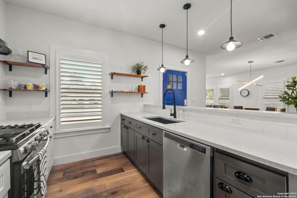 Interior, Kitchen, Pendant Lights, Recessed Lighting, Stainless Steel Appliances, Wood Texture Flooring