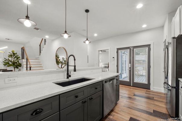 Interior, Kitchen, Pendant Lights, Recessed Lighting, Stainless Steel Appliances, Wood Texture Flooring