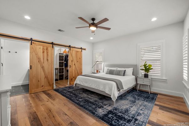 Bedroom, Interior, Recessed Lighting, Wood Texture Flooring