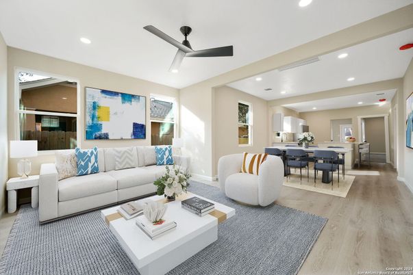 Dining room, Interior, Living room, Recessed Lighting, Wood Texture Flooring