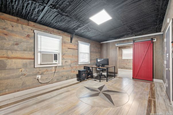 Home Office, Interior, Recessed Lighting, Wood Texture Flooring, Wooden Walls