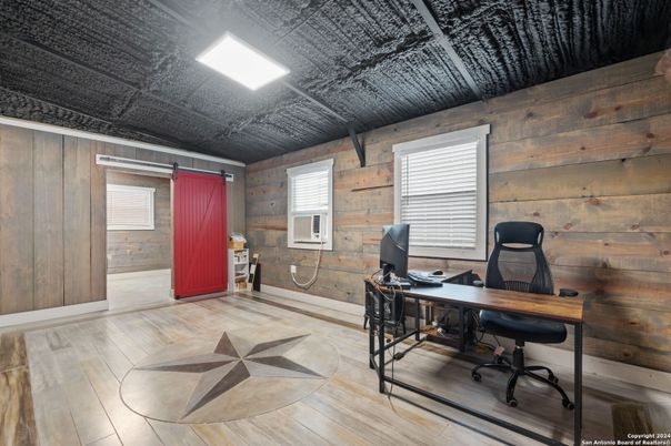 Home Office, Interior, Recessed Lighting, Wood Texture Flooring, Wooden Walls