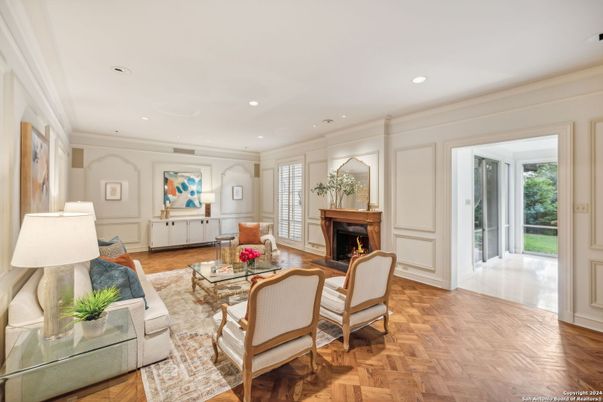 Fireplace, Interior, Living room, Recessed Lighting, Wood Texture Flooring