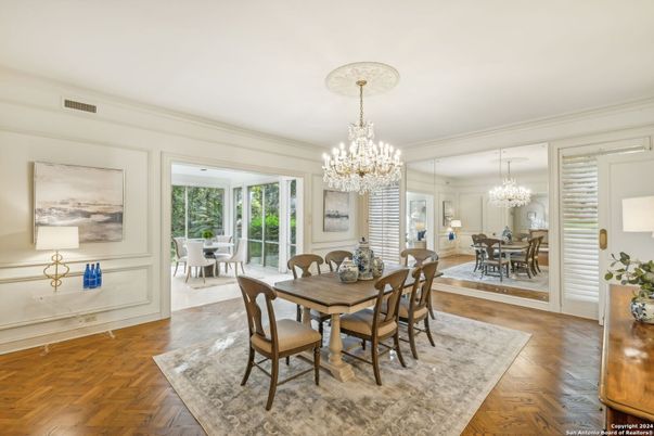Chandelier, Dining room, Interior, Wood Texture Flooring