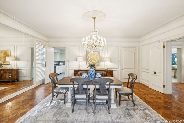 Chandelier, Dining room, Interior, Wood Texture Flooring