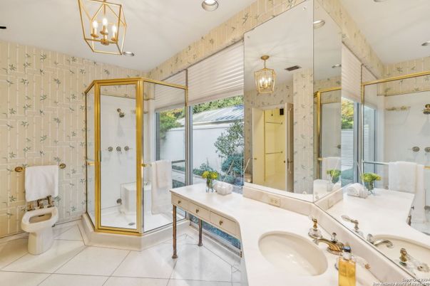Bathroom, Dual Sink Vanities, Glass Shower, Interior, Pendant Lights, Recessed Lighting