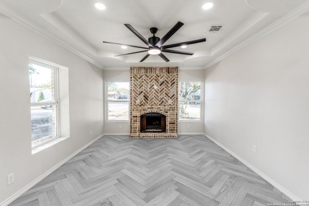 Empty room, Fireplace, Interior, Recessed Lighting, Wood Texture Flooring