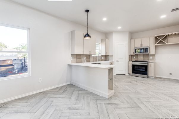 Interior, Kitchen, Pendant Lights, Recessed Lighting, Wood Texture Flooring