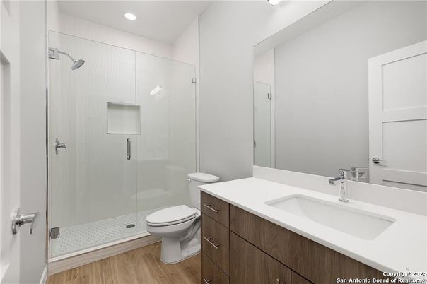 Bathroom, Glass Shower, Interior, Recessed Lighting, Wood Texture Flooring