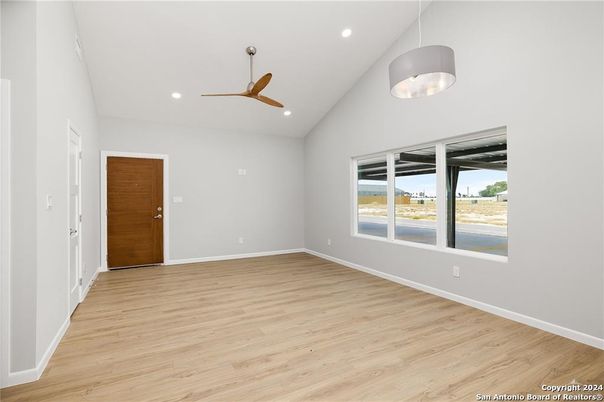 Empty room, Interior, Pendant Lights, Recessed Lighting, Wood Texture Flooring