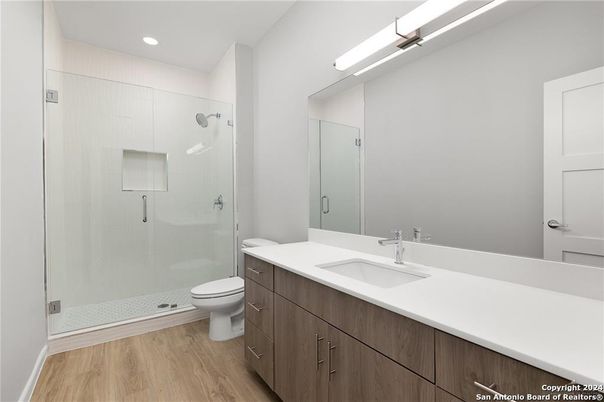 Bathroom, Glass Shower, Interior, Recessed Lighting, Wood Texture Flooring