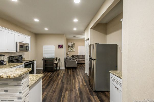 Interior, Kitchen, Living room, Recessed Lighting, Stainless Steel Appliances, Wood Texture Flooring
