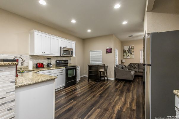 Interior, Kitchen, Living room, Recessed Lighting, Stainless Steel Appliances, Wood Texture Flooring