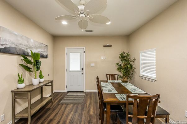 Dining room, Interior, Recessed Lighting, Wood Texture Flooring
