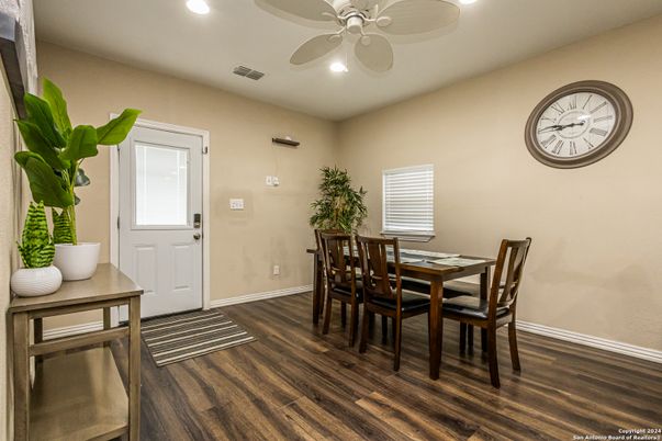 Dining room, Interior, Recessed Lighting, Wood Texture Flooring
