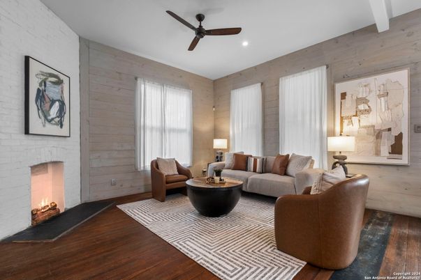 Fireplace, Interior, Living room, Recessed Lighting, Stone Walls, Wood Texture Flooring, Wooden Walls