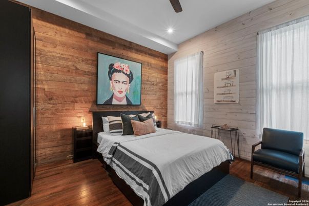 Bedroom, Interior, Recessed Lighting, Wood Texture Flooring, Wooden Walls