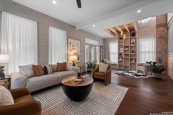 Interior, Living room, Recessed Lighting, Stone Walls, Wooden Beams, Wood Texture Flooring
