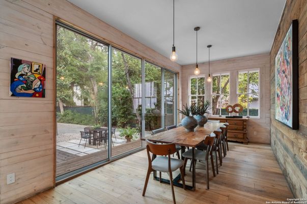 Dining room, Interior, Pendant Lights, Wood Texture Flooring, Wooden Walls