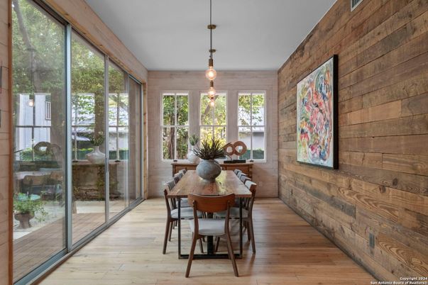 Dining room, Interior, Pendant Lights, Wood Texture Flooring, Wooden Walls