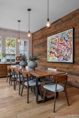 Dining room, Interior, Pendant Lights, Wood Texture Flooring, Wooden Walls