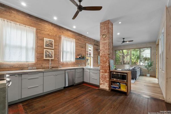 Interior, Kitchen, Recessed Lighting, Wood Texture Flooring, Wooden Walls