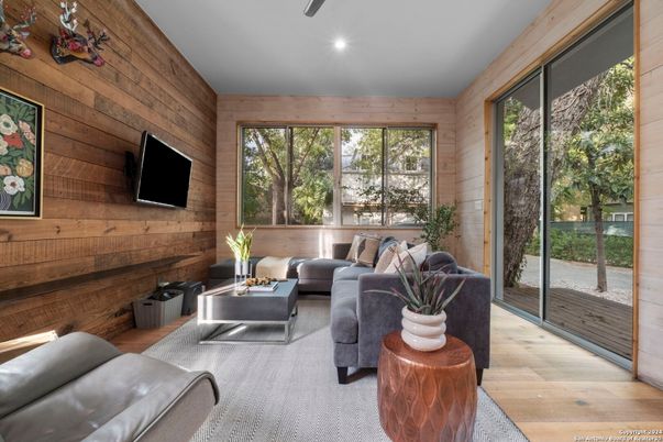 Interior, Living room, Recessed Lighting, Wood Texture Flooring, Wooden Walls