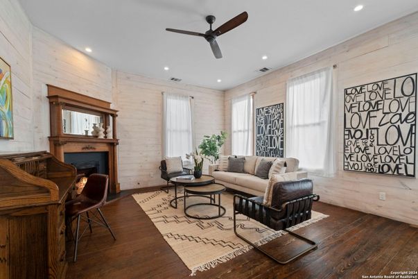 Fireplace, Interior, Living room, Recessed Lighting, Wood Texture Flooring, Wooden Walls