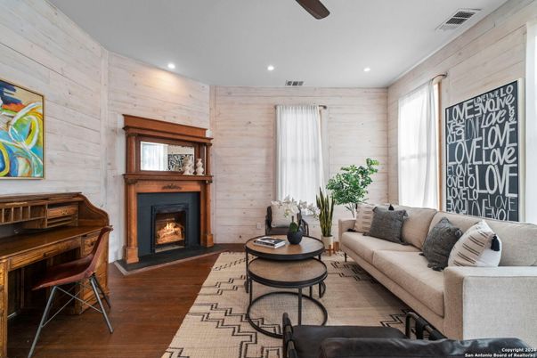 Fireplace, Interior, Living room, Piano, Recessed Lighting, Wood Texture Flooring, Wooden Walls