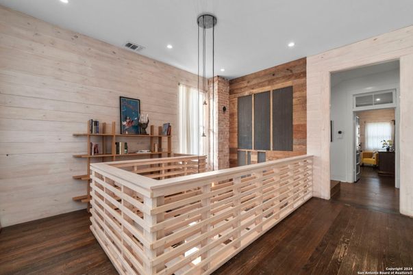 Interior, Pendant Lights, Recessed Lighting, Wood Texture Flooring, Wooden Walls