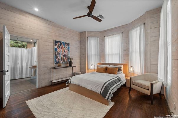 Bedroom, Interior, Recessed Lighting, Wood Texture Flooring, Wooden Walls