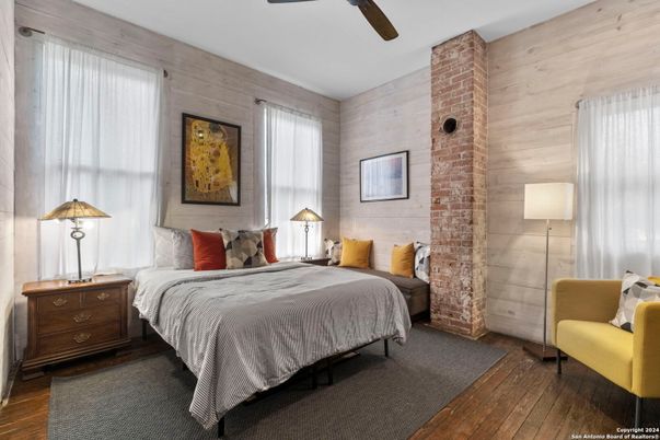 Bedroom, Interior, Stone Walls, Wood Texture Flooring, Wooden Walls