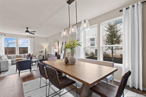 Dining room, Interior, Living room, Pendant Lights, Wood Texture Flooring