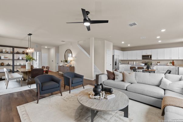 Dining room, Interior, Kitchen, Living room, Pendant Lights, Recessed Lighting, Stainless Steel Appliances, Wood Texture Flooring