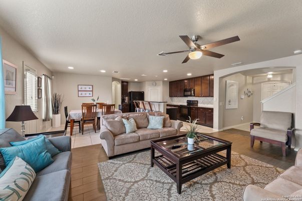 Dining room, Interior, Kitchen, Living room, Recessed Lighting, Wood Texture Flooring