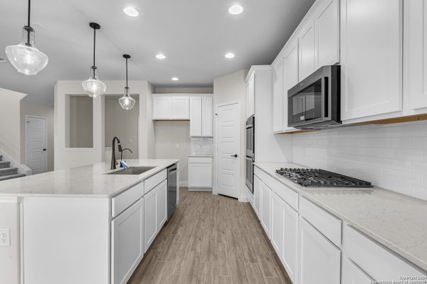 Interior, Kitchen, Pendant Lights, Recessed Lighting, Wood Texture Flooring