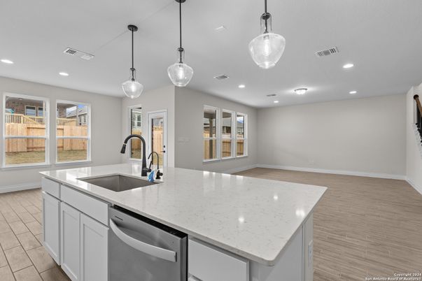 Interior, Kitchen, Pendant Lights, Recessed Lighting, Wood Texture Flooring