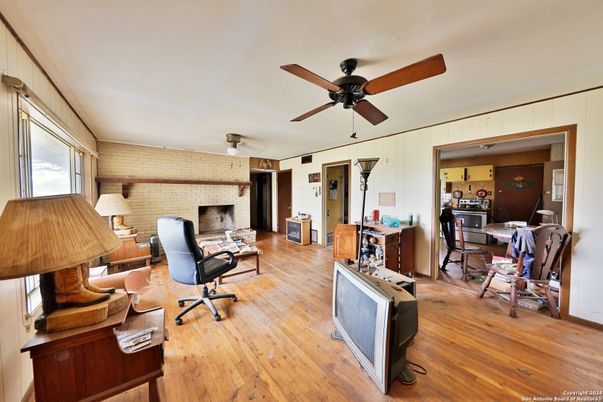 Fireplace, Home Office, Interior, Stone Walls, Wood Texture Flooring